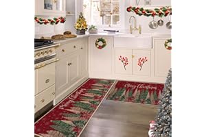 CAROMIO Christmas Trees Non Slip Thick Kitchen Rugs and Mats Set of 2 - 40x60 + 40x120 cm