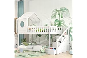 TZCIN Hochbett mit Treppe & Schubladen, Kinderbett Baumhaus Etagenbett Stockbett für 2 Kinder mit Rausfallschutz und Lattenrost, Kiefernholz Hausbett Jugendbett Doppelbett in Hausform, 90 x 200 cm, Weiß