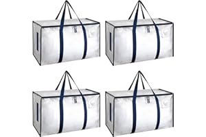 HealSmart 4 Pack Large Moving Bags with Zippers & Handles, Moving Supplies with lids, Heavy Duty Totes for Space Saving, Fold Flat, Moving and Storing, Clear