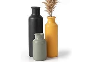 Winter Shore Juego Jarron Ceramica (Pack de 3) - Jarrones Flores Decorativos Varios Tamaños para Cocina, Baño, Salón - Jarrones Rústicos para Mesas, Estanterías, Repisas - Gris, Amarillo, Negro