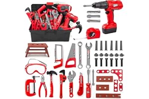 Hyrenee 48 Pezzi Attrezzi da Lavoro Giocattolo Bambini Costruzioni Cassetta degli Attrezzi con Trapano Gioco D'imitazione Gioco Educativo Compleanno N（Rosso