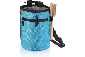 MoKo Climbing Chalk Bag with Chalk Brush, Waterproof Nylon Bouldering Chalk Bag Bucket with 2 Large Zippered Storage Pockets Drawstring Closure Adjustable Belt Chalk Bag for Climbing Gymnastics
