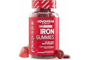 Gommes Fer – 20 mg Fumarate Ferreux + 24 mg Vitamine C – Fatigue, Immunité & Énergie – Végétalien, Sans Sucre & Sans Gluten – 60 Gommes Saveur Fraise – Novomins