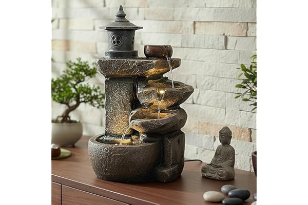 Arnusa BK851 Fontaine Cascade Avec Éclairage - Décoration de Jardin, Intérieur et Terrasse - Marron Gris