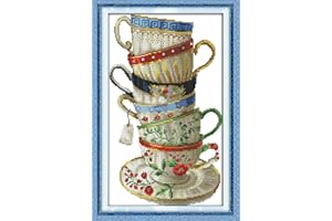 YEESAM ART Unprinted Cross Stitch Kits for Adults, Exquisite Coffee Cups Tea Cups 14ct Counted Unstamped Embroidery Kit Needlework Wall Art Decor 28x42cm