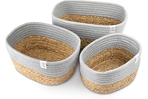 NORDIS DESIGN Aufbewahrungskörbe 3er Set aus Wasserhyazinthe und Baumwolle, Bad Aufbewahrungskorb geflochten als Korbset zur Badezimmer Aufbewahrung & Bad Organisation grau