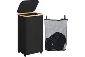 iEGrow Laundry Basket on Wheels 110L, Extra Large Washing Baskets for Laundry with Removable and Washable Inner Bag, Tall Laundry Hamper with Lid for Drity Cloth Toys Towels (Black)
