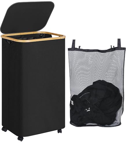 Panier à Linge avec Couvercle, Corbeille à Linge en Bambou, 2 Panier à Linge avec Couvercle, Corbeille à Linge en Bambou, 2
