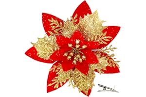 MIKAILE 20 Pezzi Fiori per Albero di Natale con Clip, 4 Piani Fiori Natalizi per Decorazioni con Glitter Polvere, Fiori Artificiali Natalizi, Fiori Finti per Decorazioni Ghirlanda Tenda (Oro-Rosso)