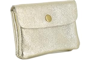 Double Tree - Mini Porte-Monnaie Femme en Cuir Véritable Irisé - Petit Portefeuille Brillant à Rabat Format Enveloppe Élégant - Léger et Pratique - Doré