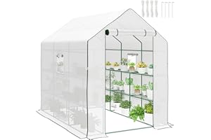 Outsunny Walk-in Greenhouse with 3 Tier 12 Shelves, Small Greenhouse with Reinforced PE Cover, Garden Plant Growhouse with Roll-up Door and Three Mesh Windows, 140 x 213 x 190 cm, White