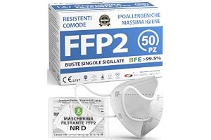 ADESTE – 50 x FFP2-mask, hygienisk 5-lagers dammskyddsmask, EN149:2001+A1:2009 munskydd EU2016/425, vit, andningsmask, enskilda förseglade påsar