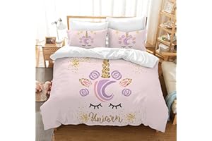 HZVRTN Set di biancheria da letto per bambini, in morbida microfibra, con copripiumino e federa, con cerniera e federa per cuscino, motivo unicorno 3D, 135 x 200 cm, motivo unicorno dorato