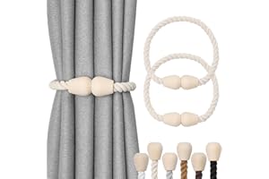 Pretty Jolly 2 Pack Wooden Magnetic Curtain Tiebacks Elegant Boho Home Decoration Drape Tie Backs Natural Cotton Handmade Rope Curtain Holdbacks for Home & Office Window Drapery (Beige)