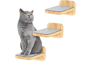 HAPPYPET Katzentreppen 3er-Set für Wandmontage - Nachhaltiges Hartholz, Designer Kletterwand Katzen, Katzentreppe mit Filzbezug, Katzenleiter, Katzenwand zum Klettern, Catwalk, Größe M 22 x 15 cm