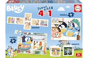 Educa - Superpack Bluey 4 i 1 | Barnleksbox: 2 pussel 25 och 50 bitar, Domino 21 bitar, Identic Memory Game