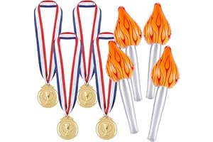 Metaparty Set Torche Gonflable et Médailles en Métal, Torche Gonflable Olympique, Medaille en Métal avec Rubans de Cou, Jeux Olympiques Decoration