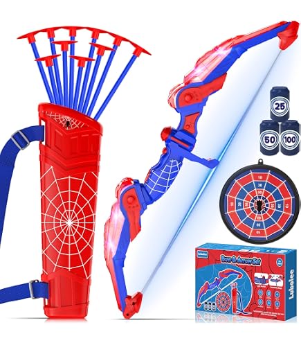 Ensemble d'arc et flèches pour enfants, kit tir à l'arc lumineux à LED, avec 10 flèches à ventouse, cible debout, carquois, 3 canettes de cible, jouet d'extérieur pour garçons, filles 6-10