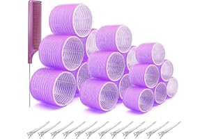 WOODFIB Juego de rizadores de 31 paquetes, 18 rizadores de autoagarre, que incluyen 64 mm 44 mm 36 mm 12 pinzas para el cabello 1 peine, para peinados largos, medianos y cortos (púrpura)