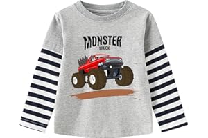 TCWWBB Boys Long Sleeve T-Shirt Toddler Shirts Digger Dinosaur Moster Truck Space T-Shirts Kids Navy Blue Grey Tops Cotton Casual Tees Crewneck Winter Clothes Age 1-7 Years Old