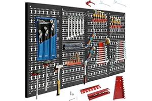 CCLIFE Werkzeugwand Lochwand 4 tlg Inkl. 52-Teiligem Metall Werkzeuglochwand Vier Teile 160 x 60 x 2 cm Erweiterbar Zubehör Wandregal Werkzeugaufbewahrung Schwarz