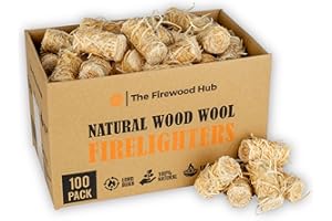 THE FIREWOOD HUB 100 Wood Wool Fire Lighters - Natural Firelighters Made from Wood and Wax, Long Burn Time Up to 10 Minutes, Ideal Fire lighters for Log Burners, BBQ, Fireplace, and Campfires