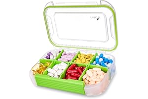 Fullicon Travel Pill Box 8 Compartments, Large Pill Box Organiser with Removable Divider, Vitamin Organiser with Label, Stackable Pill Casw for Supplement, Medicine, Fish Oil (Clear Green)