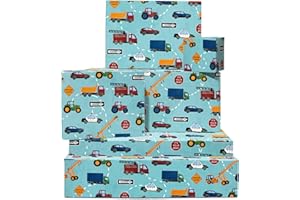 Central 23 - Papel de regalo para niños - 6 hojas de papel de regalo de cumpleaños con etiquetas - Coches de policía, camiones y tractores - Para niños - Niños - Reciclable