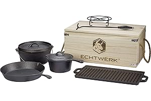 ECHTWERK 7-teiliges Dutch Oven Set aus Gusseisen in Holzkiste, Kochtopf-Set mit Kochtopf, Stieltopf, Grillplatte, Pfanne, Deckelheber und Untersetzer zum Kochen und Braten, bereits eingebrannt