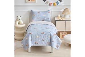 DuShow Cotton Toddler Duvet And Pillowcase Set,Blue Car Cot Bed Duvet Cover Set For Boys,Reversible Junior Toddler Bedding Set,Car-120 x 150 cm