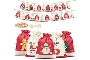 Inreeme Calendario de Adviento de Tela para Rellenar- 18x13 cm Bolsas de Adviento para Autorrellenar 2025, 24 Piezas DIY Bolsas de Yute Reutilizables Calendario Navideño para Niños Niñas Adultos