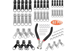 ZALEONLINE 85 Pieces Zipper Repair Kit Zipper Slider Replacement Metal Pull Tabs Zip Fixer Parts with Zipper Pliers for Repair Jeans Coats Jacket Zipper, Silver Black