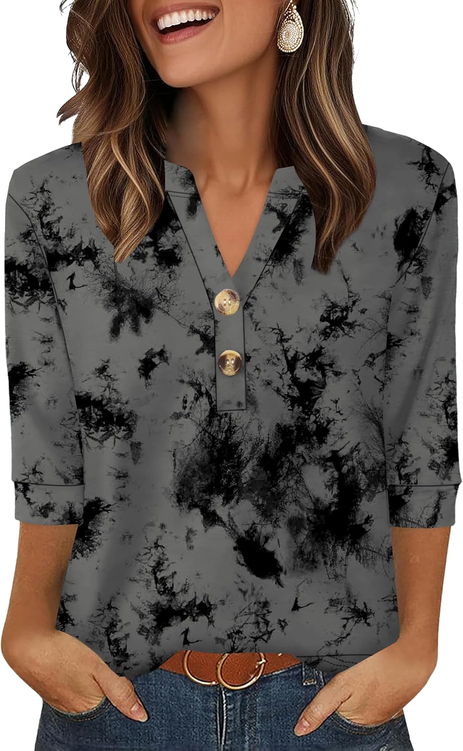 Aokosor Womens 3/4 Sleeve Tops Ladies Blouse V Neck Tunic Long Sleeve T Shirts Curved Hem Office Wear
