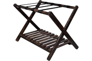 Penguin Home Luggage Rack, Foldable Mango Wood Suitcase Stand with Storage Shelf for Guest Room, Bedroom, Hotel, Heavy-Duty (Burnt Wood Finish)