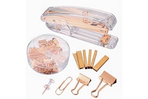 XKQYX Rose Gold Office Stationary Set, Staplers and Staples, Spring Powered Desktop Stapler, Paperclips and Bulldog Clips Kit for Office, Storage, Teacher, School Supplies