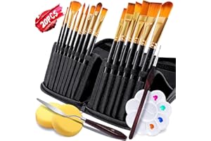 Pinselset Malen 20 Stück, RATEL Acrylfarben mal Pinselset, Künstlerpinsel Einschließlich 15 Bürste, Mischpalette, 2 Schwamm, Spachtel, Detail Malpinsel, Für Körperbemalung, Acryl, Aquarell