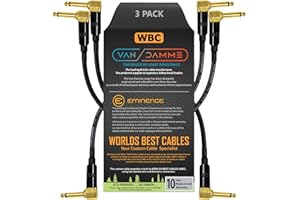 WORLDS BEST CABLES 3 Units - 30 CM - Van Damme Pro Grade Classic XKE - Premium, Ultra-Flexible Multi-Shielded Guitar Bass Instrument Effects Pedal Patch Cable w/Eminence R/Angled Gold ¼ inch TS Plugs & Staggered Boots