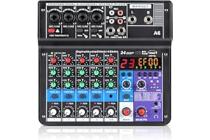 XTUGA A6 Table de Mixage Mixeur Audio 6 Canaux, Console de Mixage USB Avec Bluetooth et Alimentation Fantôme 48V, Fonction de Bouclage, Adapté Aux Spectacles, Réunions et Diffusions en Direct