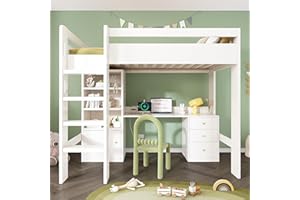 Merax High Sleeper Kids Bunk Bed Frame Children's Loft Bed with Desk with Drawers&Power Oultet, 4-Tier Bookcase, 3-step ladder, for Children Teenagers, White(90x190cm)