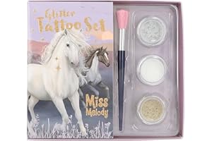 Depesche 12657 Miss Melody Night Horses Children's Kit with 41 Adhesive Tattoos, 1 Brush and 3 Glitter Powders in Silver, White and Gold