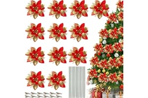 QXNDXQ 12PCS Scintillio Fiori di Natale Poinsettia Artificiali,Fiori Artificiali per Alberi di Natale con Stelo e Clip,per Albero di Natale Festivo,Ghirlanda,Feste di Matrimonio Addobbi (rosso dorato)