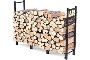 FRONDENT Vedhylla i Metall,Vedhylla Inomhus Utomhus,114x25x80cm,Stort Vedställ För Öppen Spis Med Fyra Verktygskrokar,Justerb