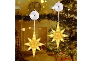 Qedertek Oświetlenie bożonarodzeniowe LED, 2 sztuki, gwiazda bożonarodzeniowa, łańcuch świetlny na baterie, z przyssawkami, timer, ciepła biel, oświetlenie okienne, do użytku wewnątrz i na zewnątrz