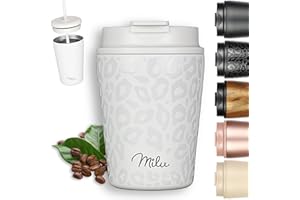 Milu Thermobecher 300ml - 100% Auslaufsicher - Edelstahl Kaffeebecher to go isoliert mit Strohhalm hält 10h heiß / 20h kalt, BPA-frei (White Leopard, 300ml)