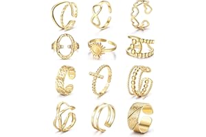 Adramata 12 PCS Anillo de Mujer de Acero Inoxidable, Anillo Vintage Ajustable, Anillo Ppilable, Conjunto Abierto en Plata/Oro, Anillo de Chica