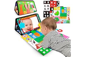 beetoy Baby Spiegel Spielzeug mit Knisterbuch Entwickelt, Faltbarer Baby Bauchlage Spielzeug Schwarz Weiß Kontrastmuster ABC Alphabet für Neugeborene