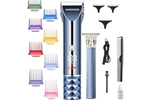 Barberboss Tagliacapelli, set tagliacapelli e barba da uomo, tagliacapelli con lama a T in ceramica e titanio, display a LED, pettini a 8 colori, senza fili, ricarica USB, QR-2681