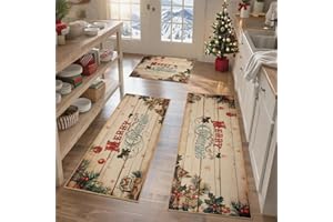 ‎TUKDAK TUKDAK 3 Stück Weihnachten Küchenteppich, Vintage Waschbar rutschfest Dekoration Küchenmatten, Braun Kurzflor Weihnacht Küchenmatte Weihnachtsteppich Läufer für Küche, Flur, Eingang Waschküche