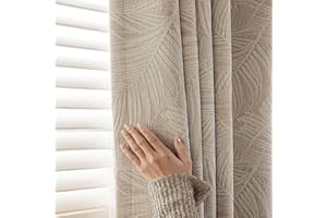 Musihy Opaque Curtain, 132 x 183 cm, Plain Colours with Jacquard Pattern, Set of 2 Heat-Insulated Panels, Grommet for the Living Room, Made of Chenille, Beige, Light Khaki