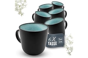 PURE LIVING INTERIOR DESIGN Pure Living Ibiza Zestaw 6 filiżanek z kamionki, stylowy zestaw filiżanek do kawy, nowoczesny, do zmywarki i kuchenki mikrofalowej, odporny na zarysowania, zestaw kubków do herbaty i kawy, petrol